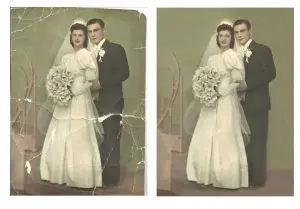 Damaged vintage wedding portrait with visible cracks and wear next to restored vintage wedding portrait with damage repaired and image clarity improved