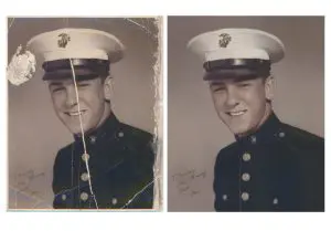 Before and after restoration of vintage military portrait showing crease and stain repair