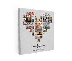 fotografija ili slika na platnu kolaž od 49 fotografija u obliku srca i sa natpisom love