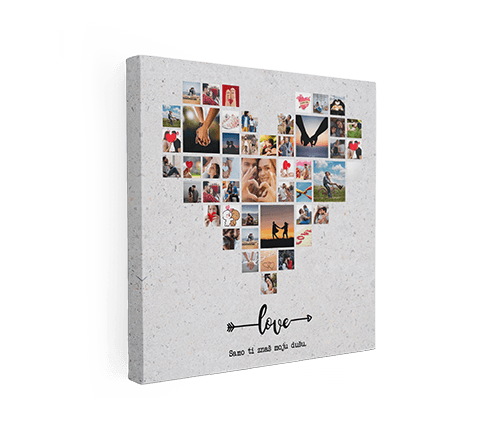 fotografija ili slika na platnu kolaž od 49 fotografija u obliku srca i sa natpisom love