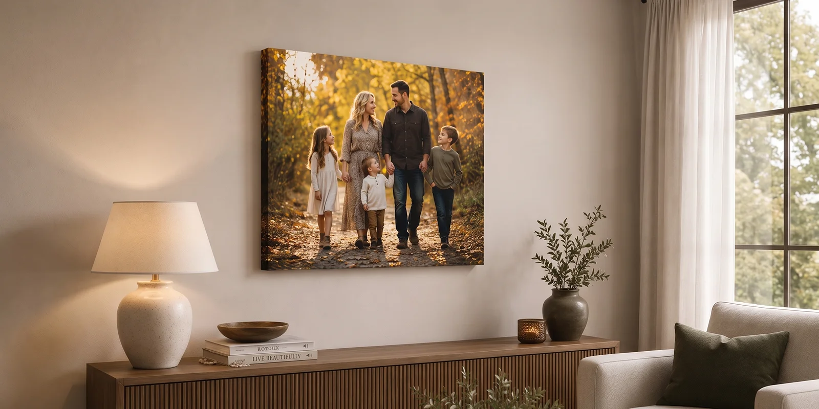 Gallery-wrapped canvas print of a family displayed above a console table