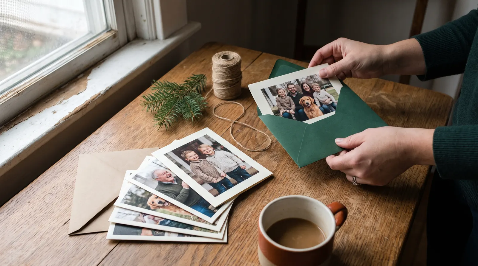 Photo holiday cards being put into green envelopes on a kitchen table