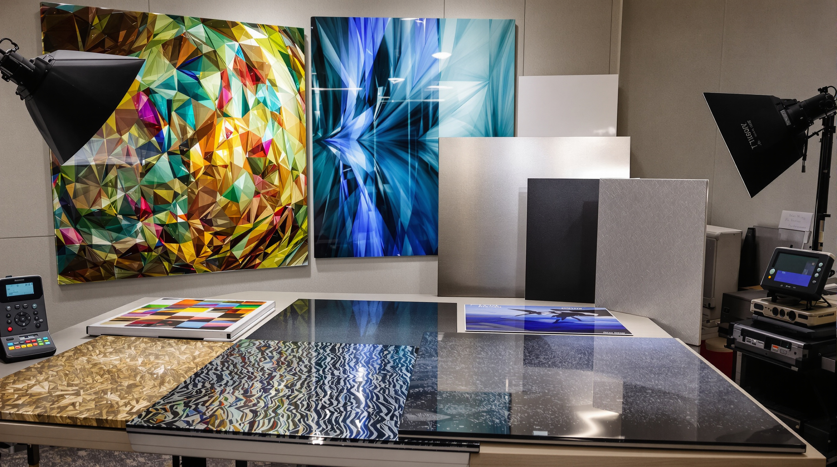 A professional photography studio environment showing various high-quality photo prints being displayed - including a large vibrant acrylic print, elegant metal prints, textured fine art prints, and a gallery-wrapped canvas print. Soft studio lighting high