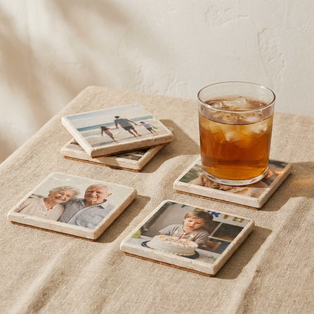 Stone photo coasters printed with family snapshots
