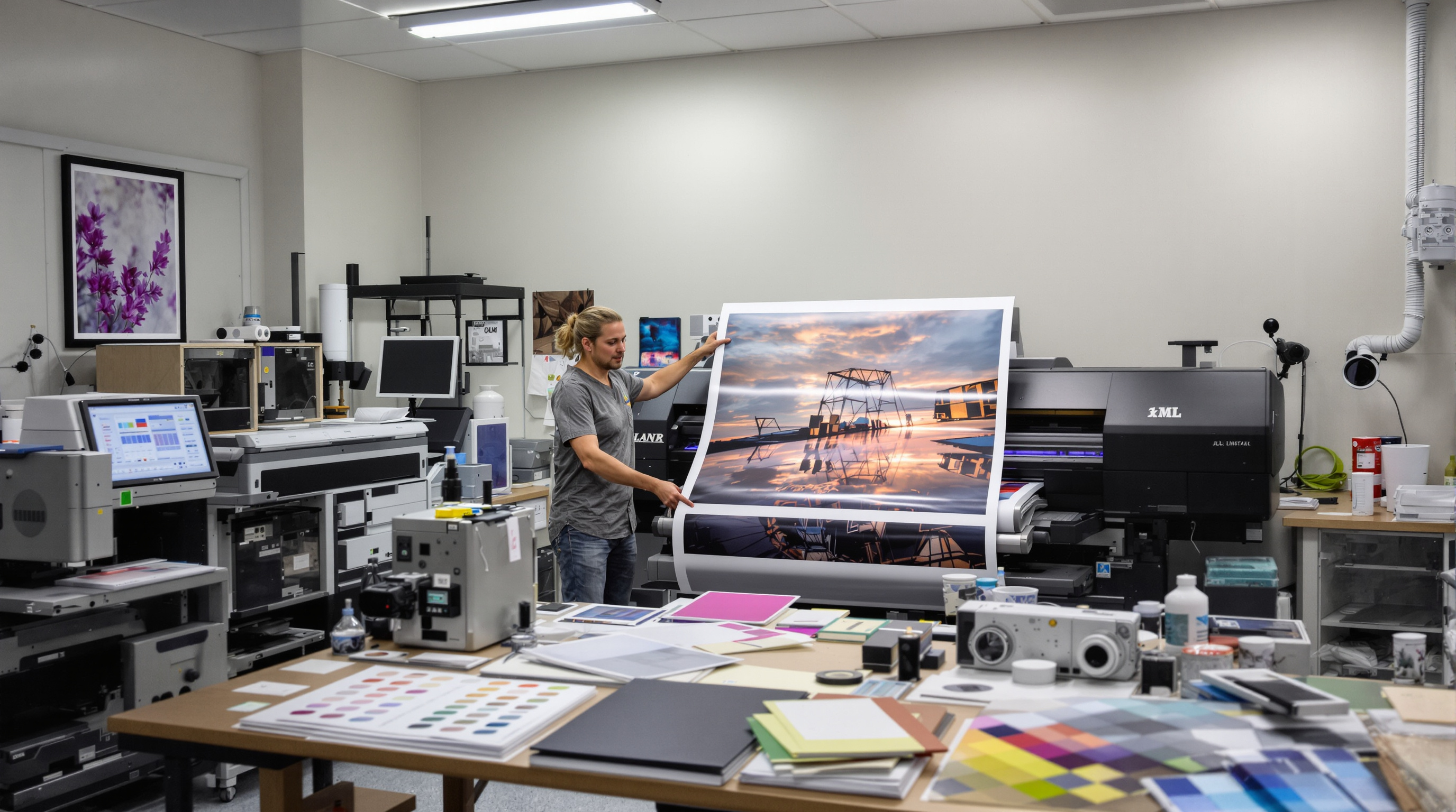 A professional photo lab environment showing an expert printer examining a large fine art photograph emerging from a high-end giclée printer, with carefully organized calibration equipment, color charts, and various premium photo papers nearby, all under p