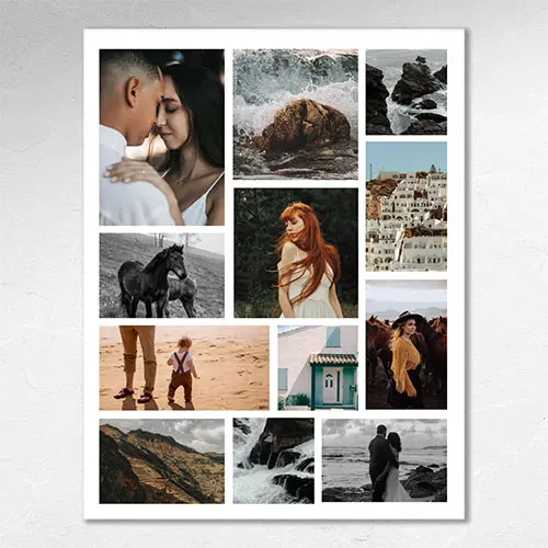 Collage of photographs including portraits, landscapes, and travel scenes such as a couple’s wedding, mountain roads, coastal city views, and a woman in traditional clothing, arranged in a clean grid layout.