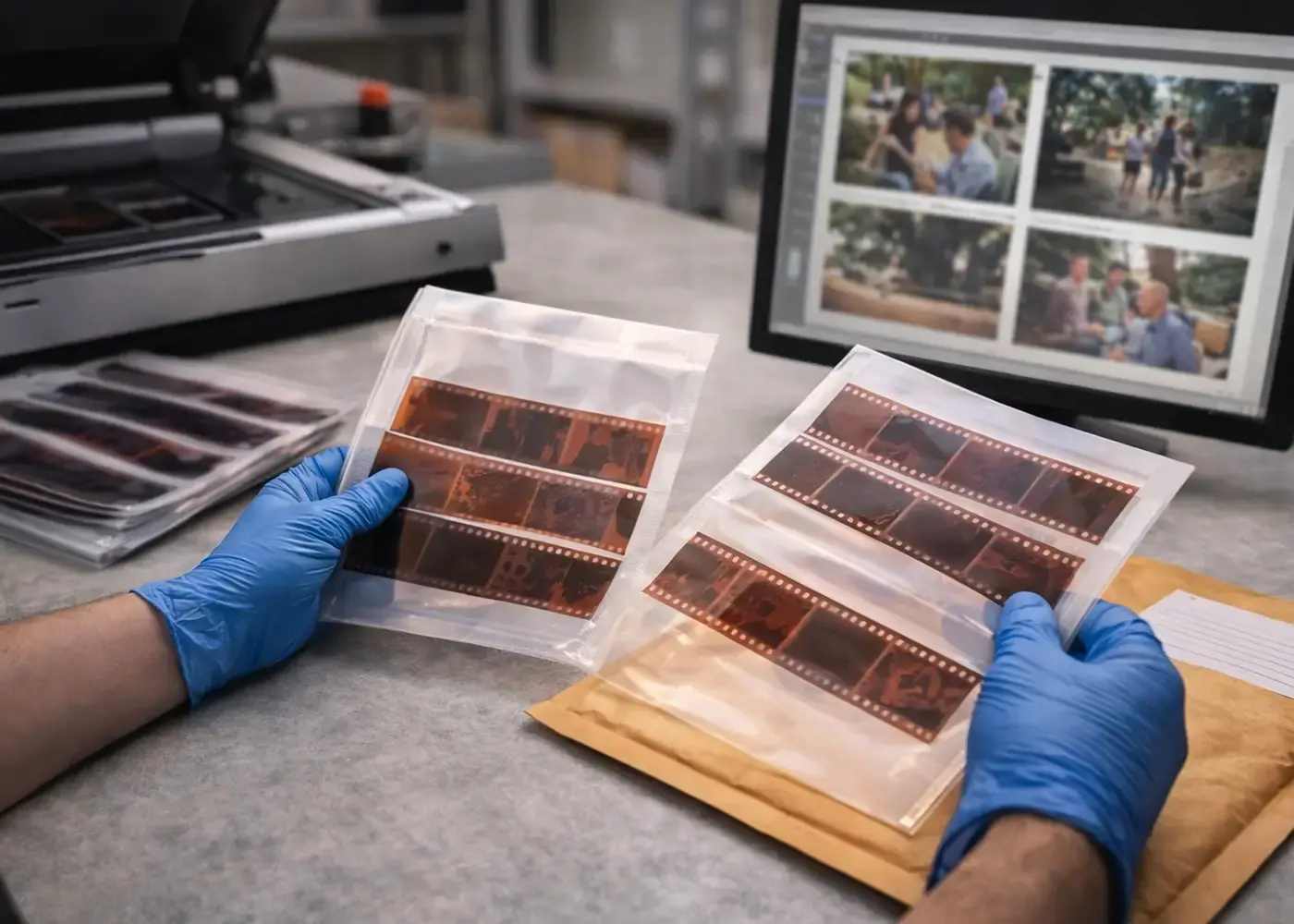 Professional lab image showing careful handling of developed film and scan-ready negatives in a clean workspace.