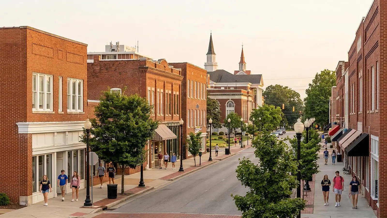 University campus buildings and a downtown street in Murray, Kentucky