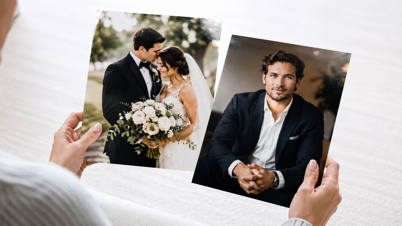 Two 8x10 sample prints — a wedding photo and a studio portrait