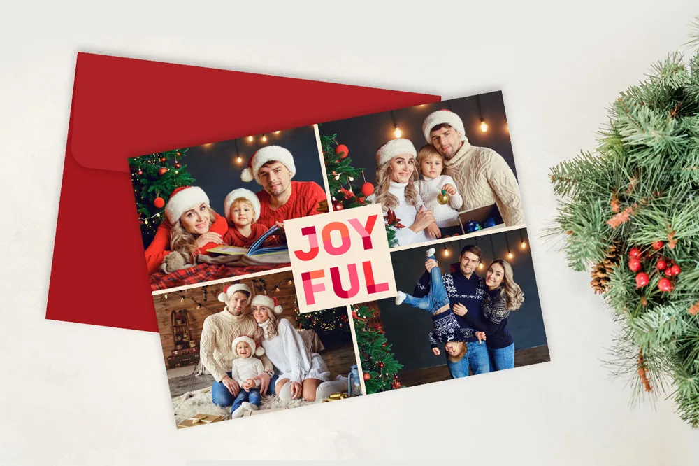 Festive holiday photo greeting card with family photos and a red envelope