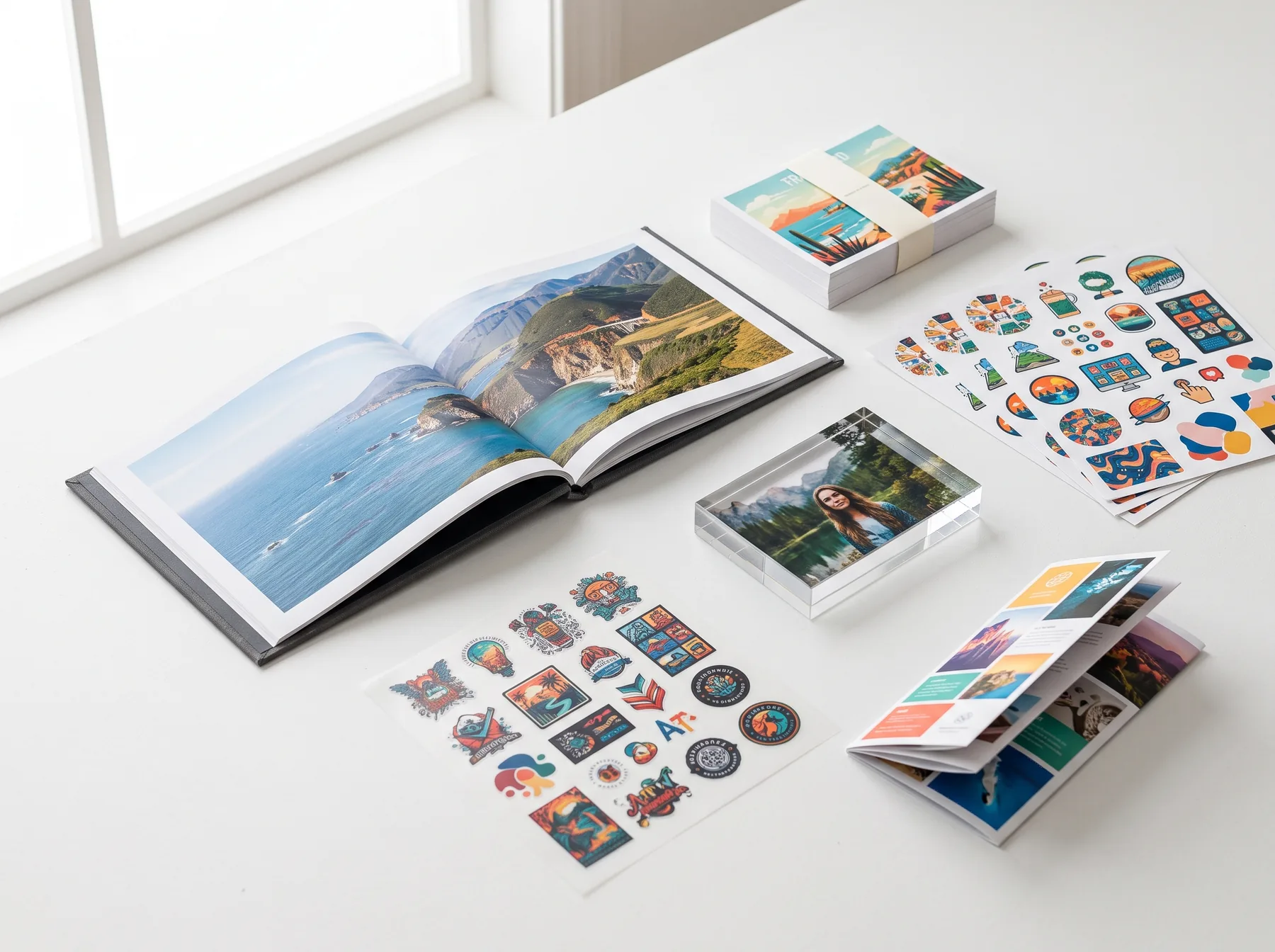 Open photo book, sticker sheets, DTF transfers, postcards and an acrylic block on a white studio table.