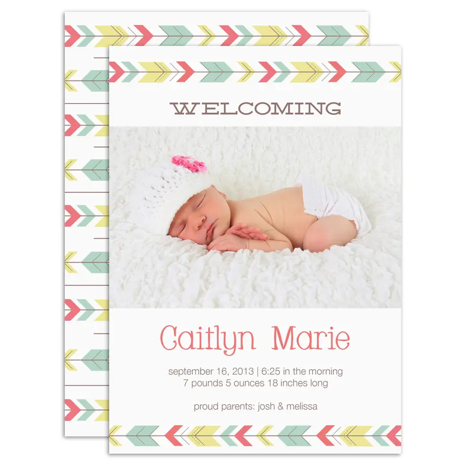 Baby announcement photo card with pink chevron design