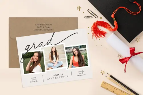 Graduation announcement card with three photos and custom envelopes