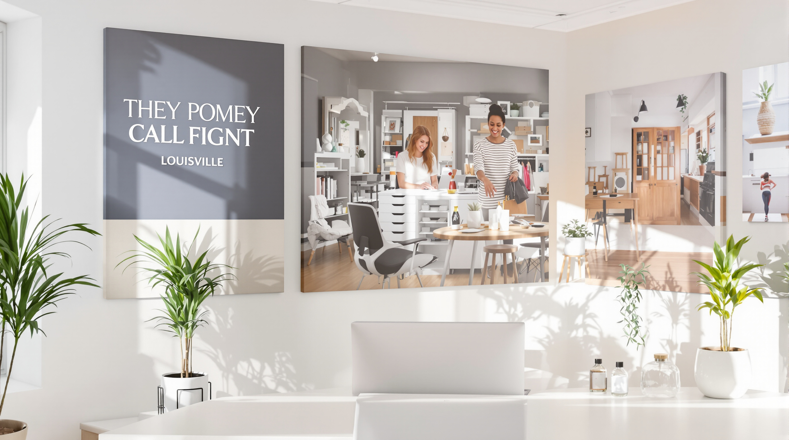 A bright, modern professional office in Louisville with large custom photo canvas prints and branded wall art displayed on clean white walls, a sleek desk with a computer, warm natural light streaming through windows, lush indoor plants, and a polished, in