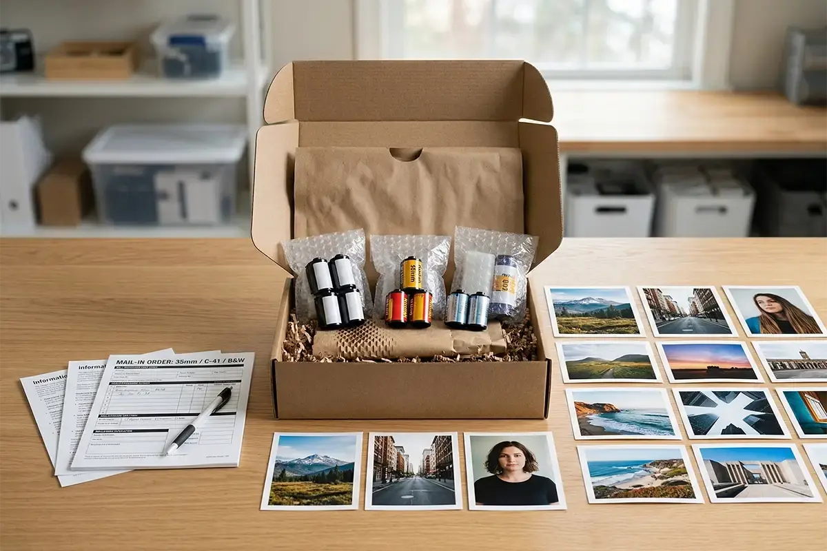Clean mail-in film and print service kit with film rolls, order materials, and protective packaging on a tabletop