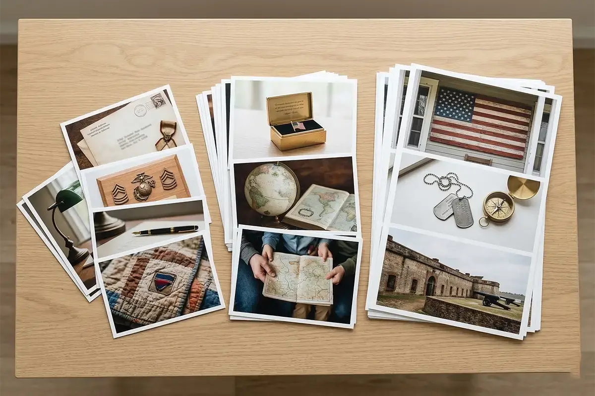 Finished photo prints laid out neatly on a clean table with color-accurate family images and a professional print lab feel