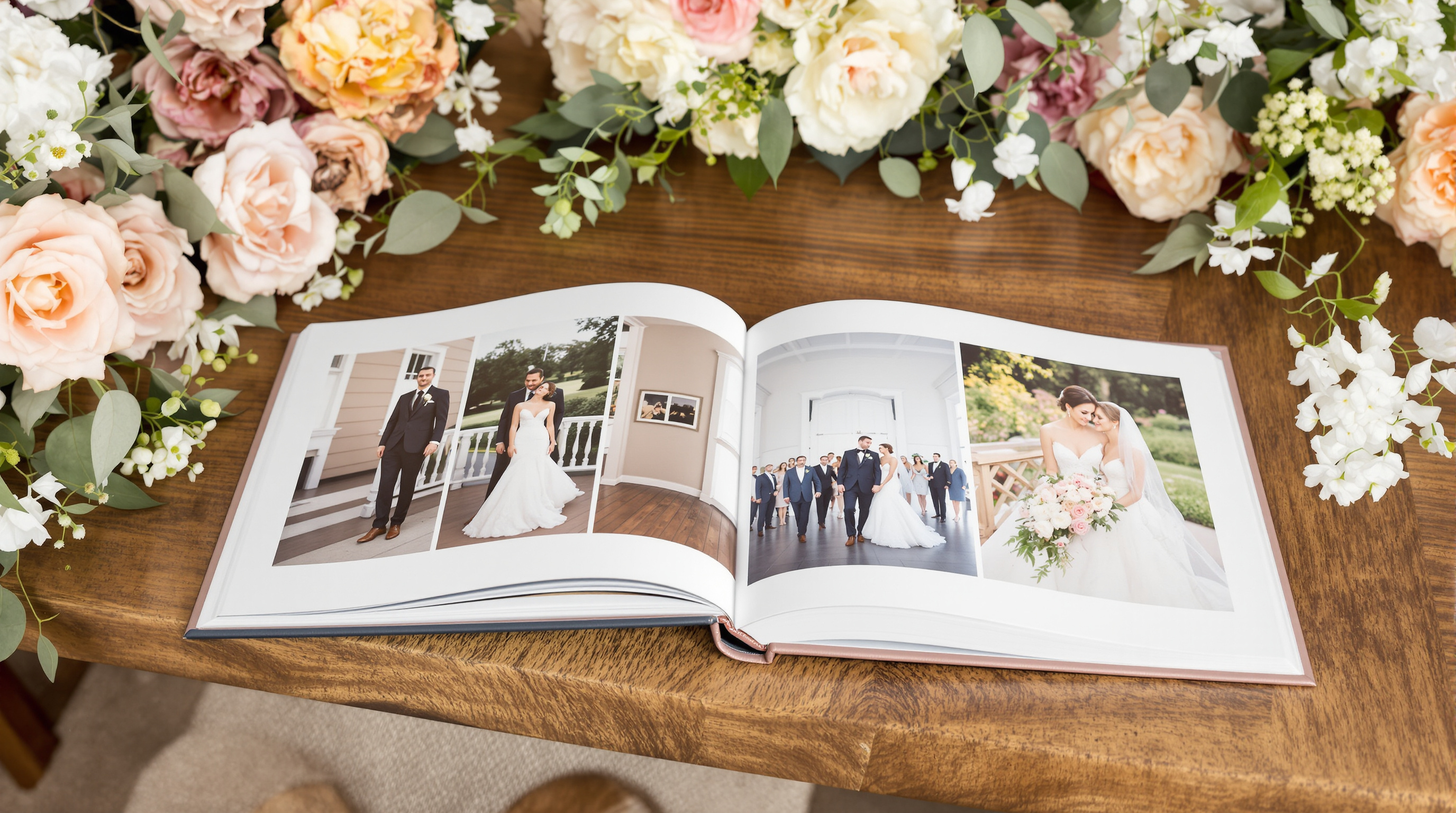 A beautifully crafted lay flat photo book open on a wooden table, showing a stunning double-page wedding spread with no gutter shadow, soft natural light, premium linen cover, surrounded by elegant floral decorations, photographed in a bright airy studio i