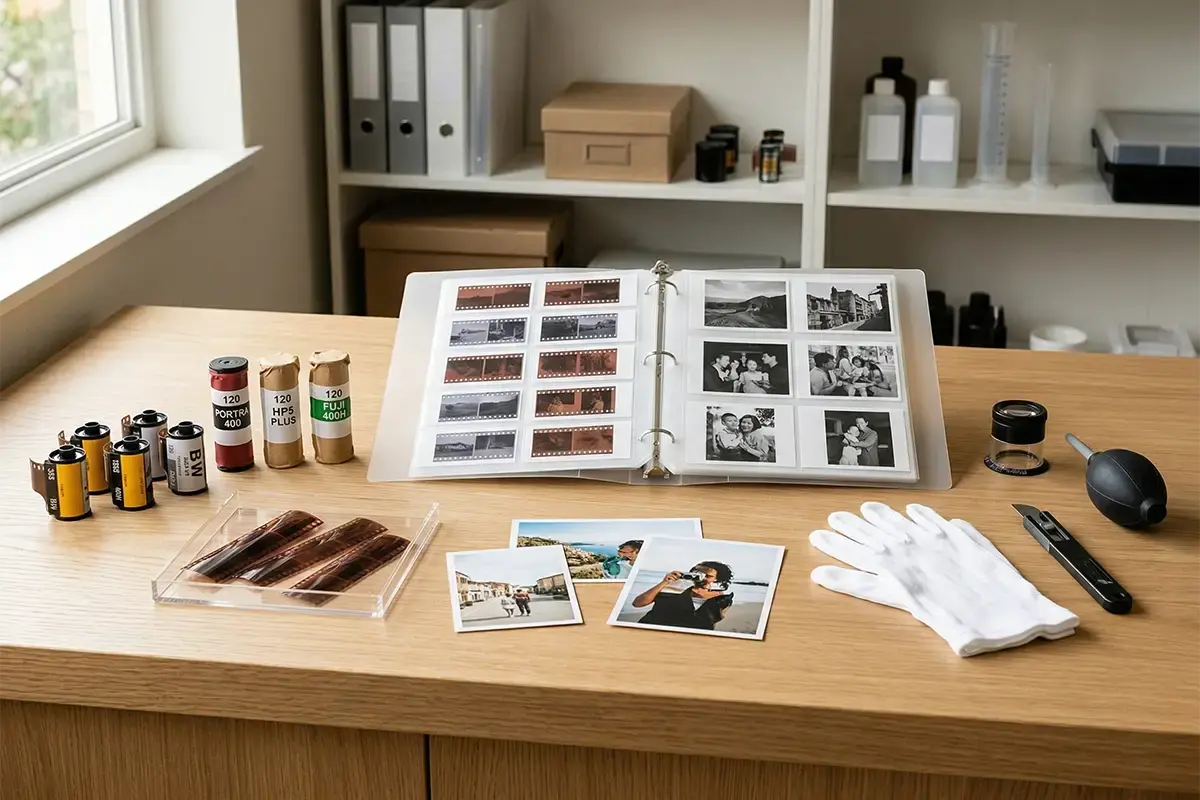 Film developing counter with 35mm and 120 film canisters negatives archival sleeves and a clean professional lab workspace