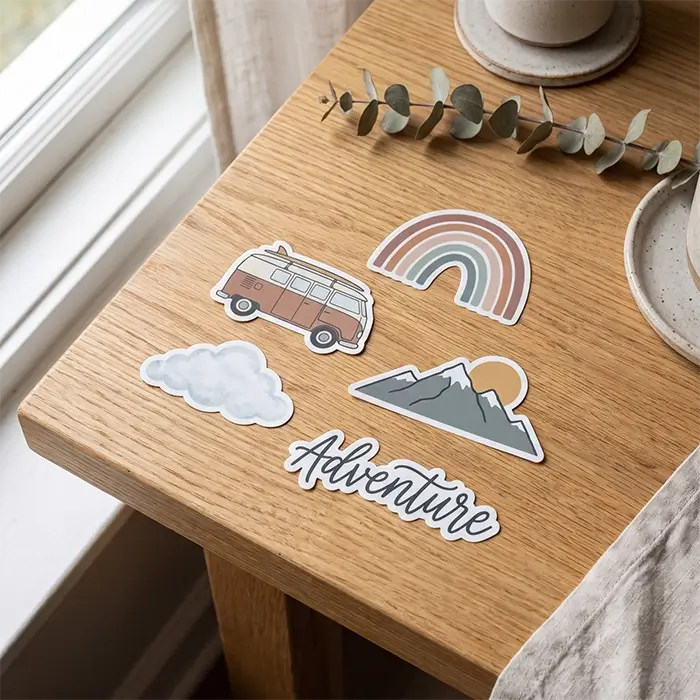 Custom die-cut stickers on a wood table