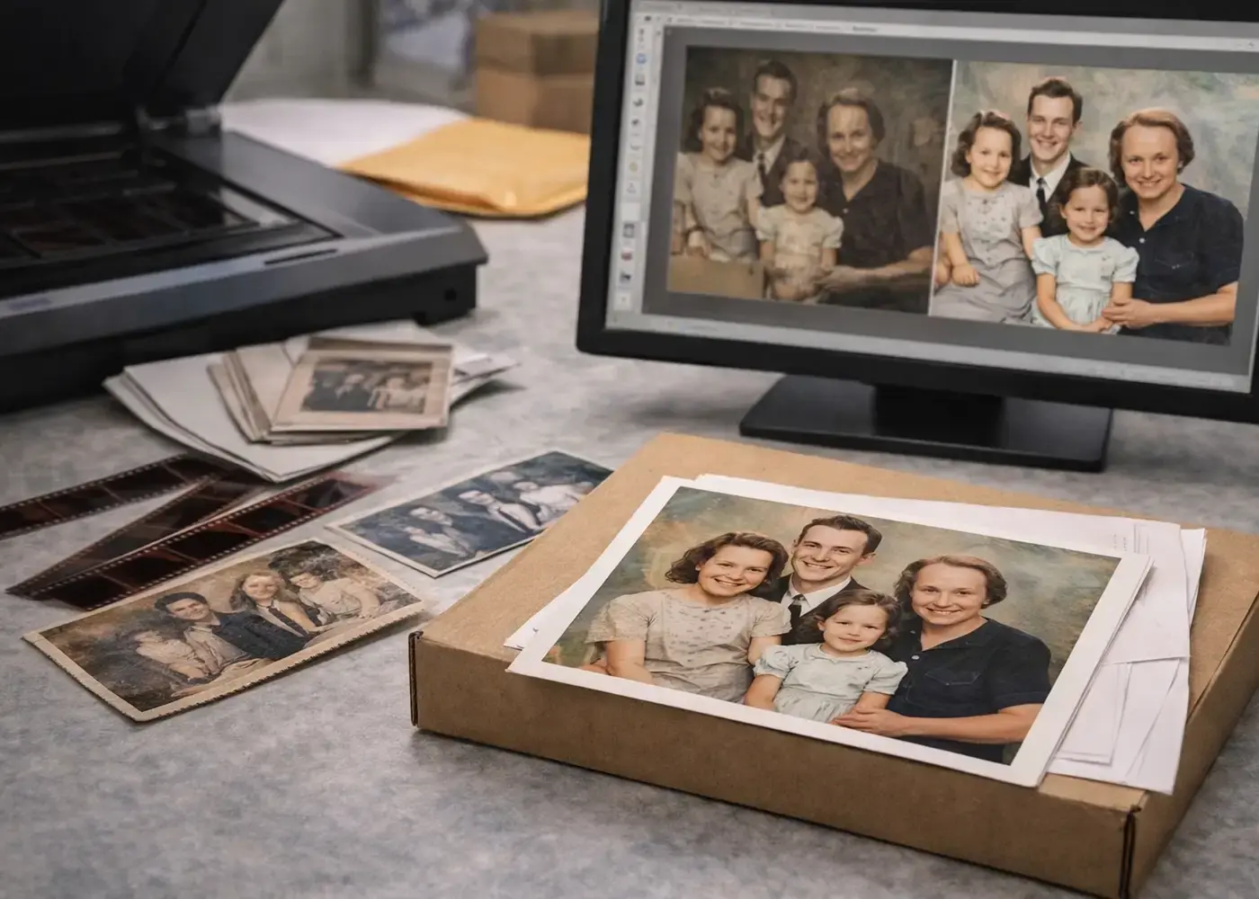 Workspace showing vintage photos, negatives, and restoration results on screen for scanning and preservation services.