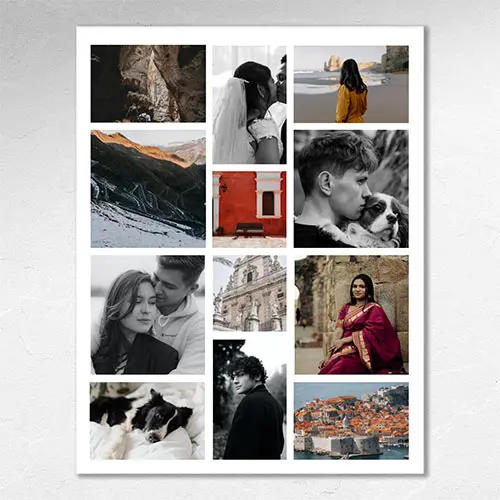 Collage of photographs including portraits, landscapes, and travel scenes such as a couple’s wedding, mountain roads, coastal city views, and a woman in traditional clothing, arranged in a clean grid layout.