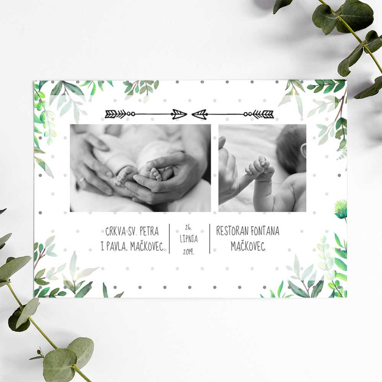 Personalizirana pozivnica za krštenje s fotografijom djeteta, tekstom modernog i elegantnog dizajna, s detaljima o datumu i lokaciji ceremonije. Na pozivnicu možete ubaciti dvije fotografije.
