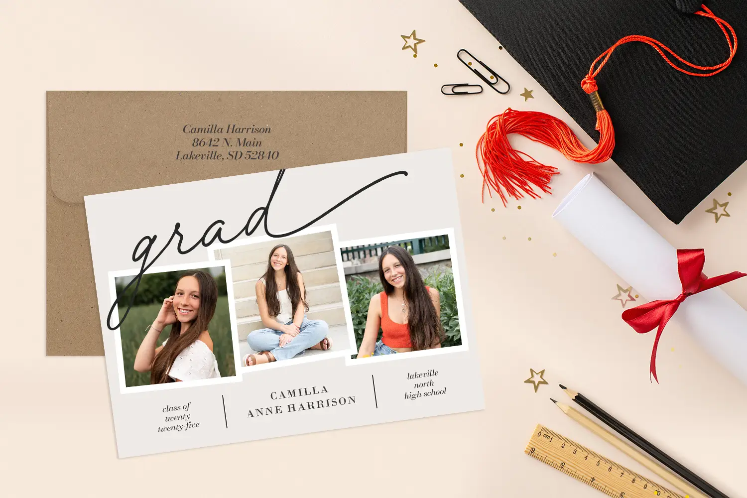 Graduation announcement card with three photos and custom envelopes