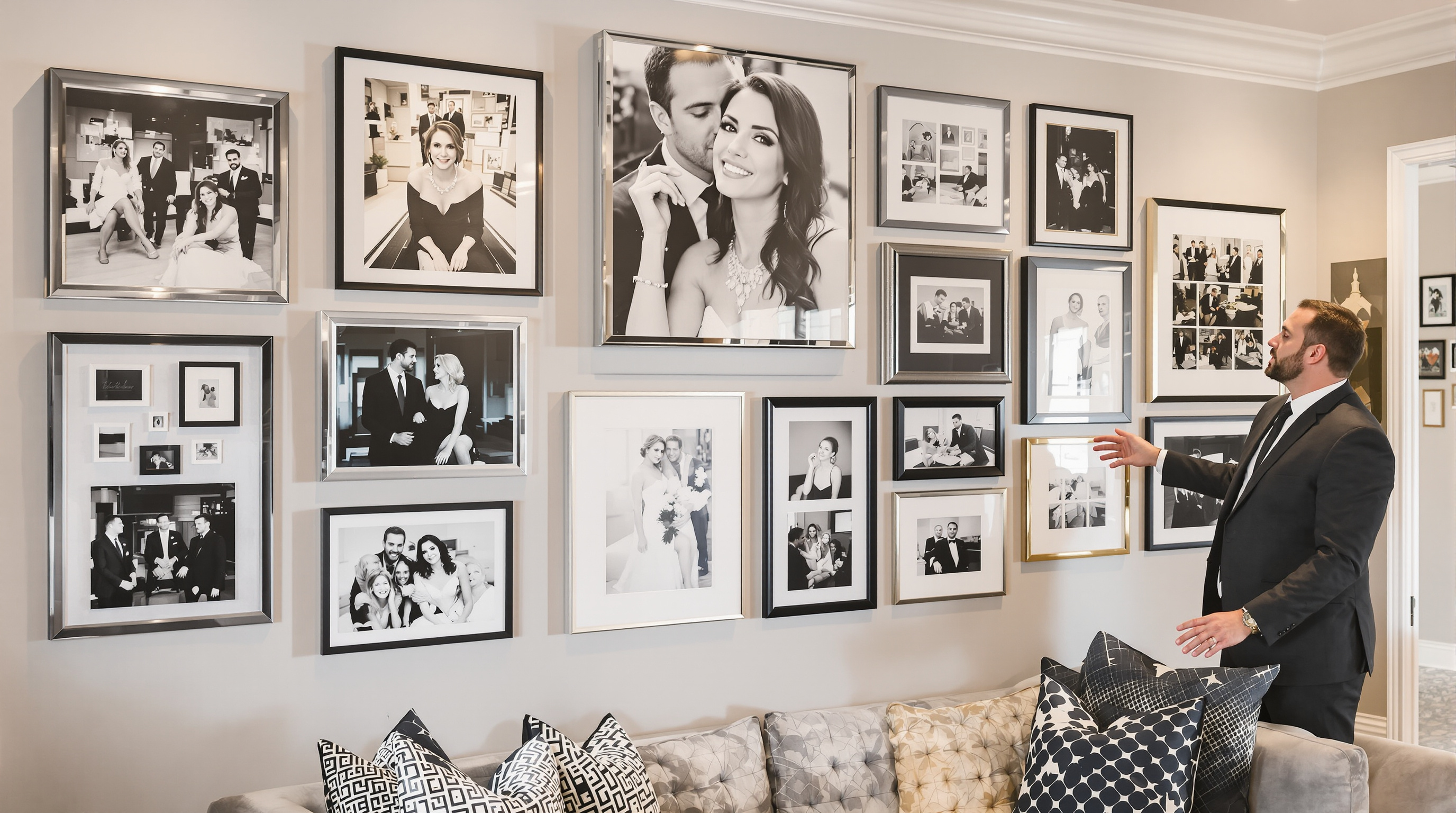 A sophisticated living room with a professionally designed gallery wall featuring elegant black and white portraits and color fine art photographs in various premium frames and mounts. The display includes canvas prints, metal prints, and framed photograph