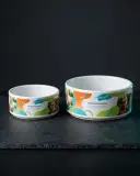 Printed cat bowl and dog bowl side by side.