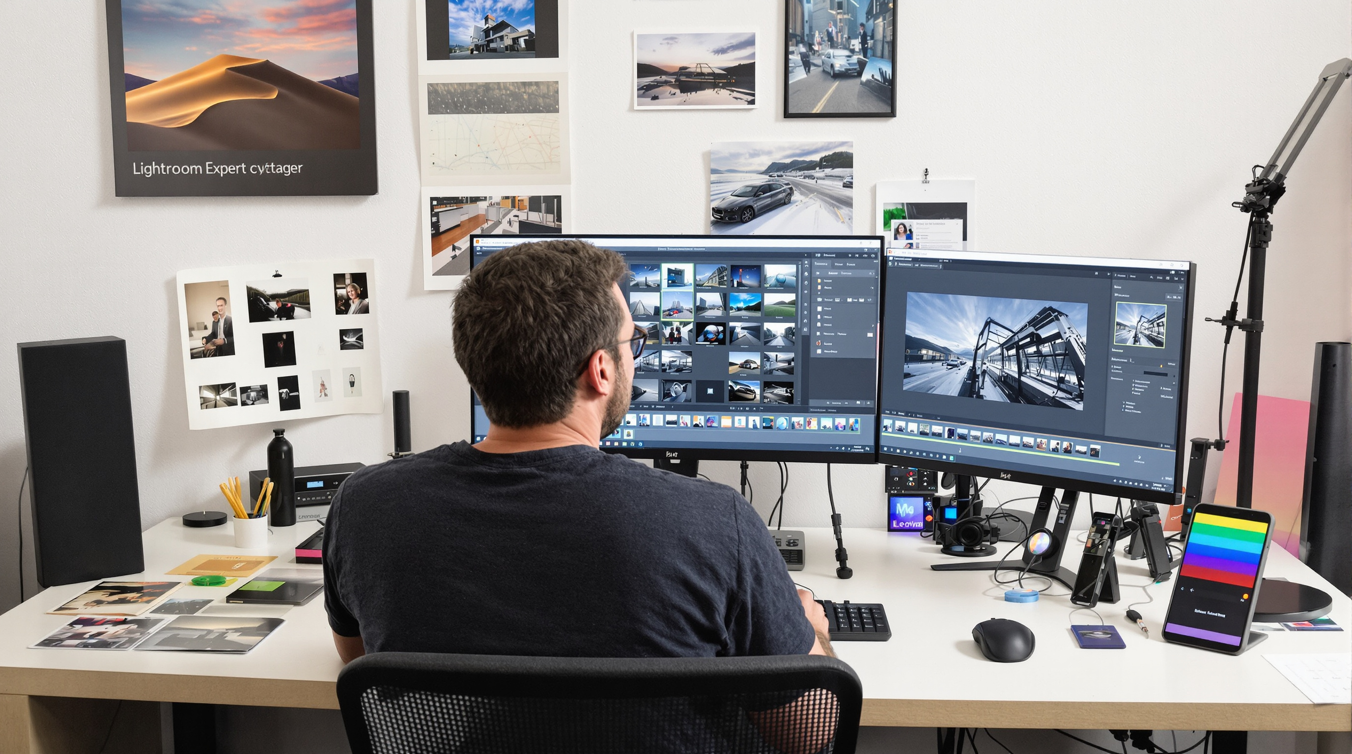 Professional photographer at dual monitor desktop running Adobe Lightroom in organized Louisville studio with printed photos