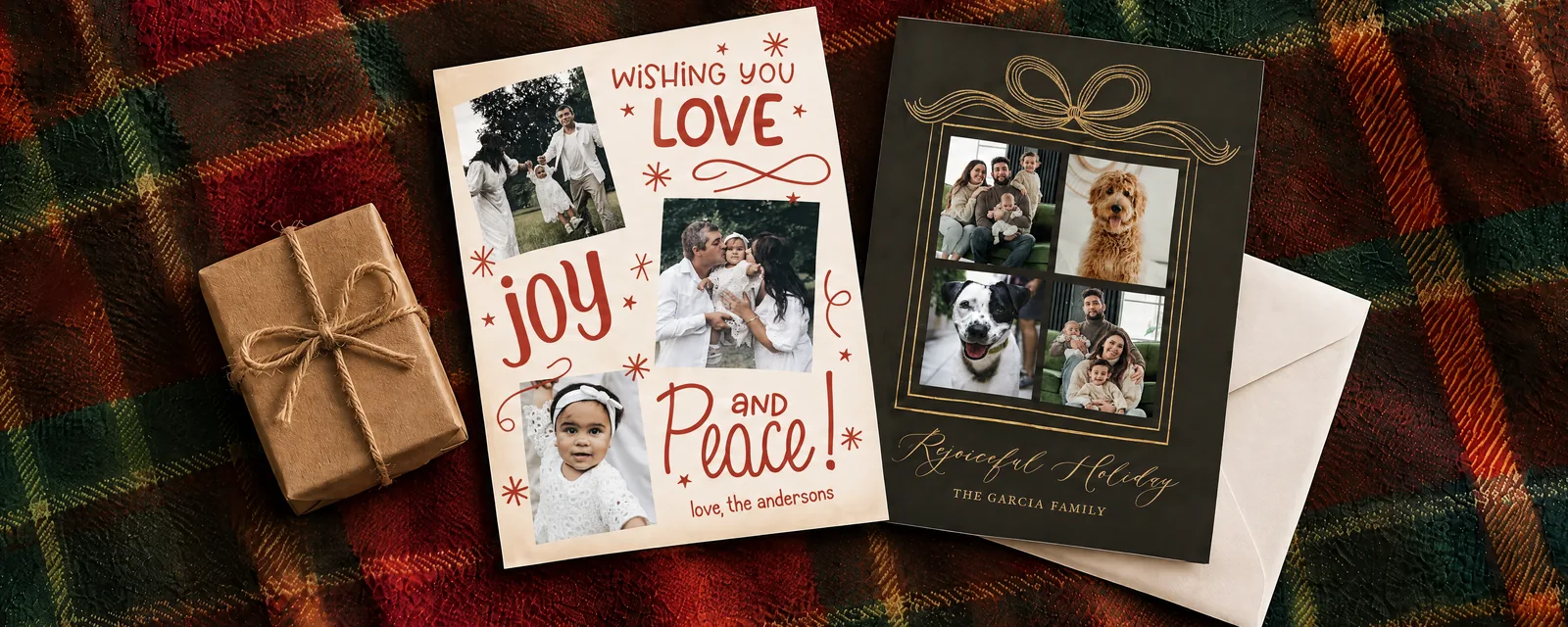 Personalized photo holiday cards on a plaid flannel blanket with a white envelope and a kraft-wrapped gift