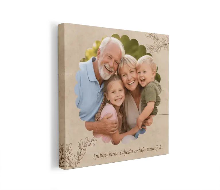 personalizirana slika na platnu s fotografijom bake, djeda i unuka te tekstom ljubav bake i djeda ostaje zauvijek