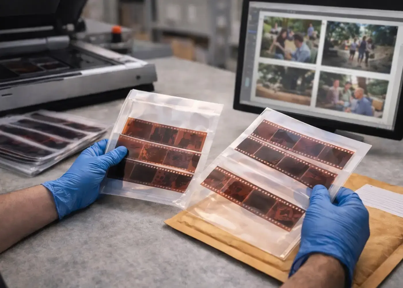 Professional lab scene showing developed negatives being handled, organized, and prepared for scanning.
