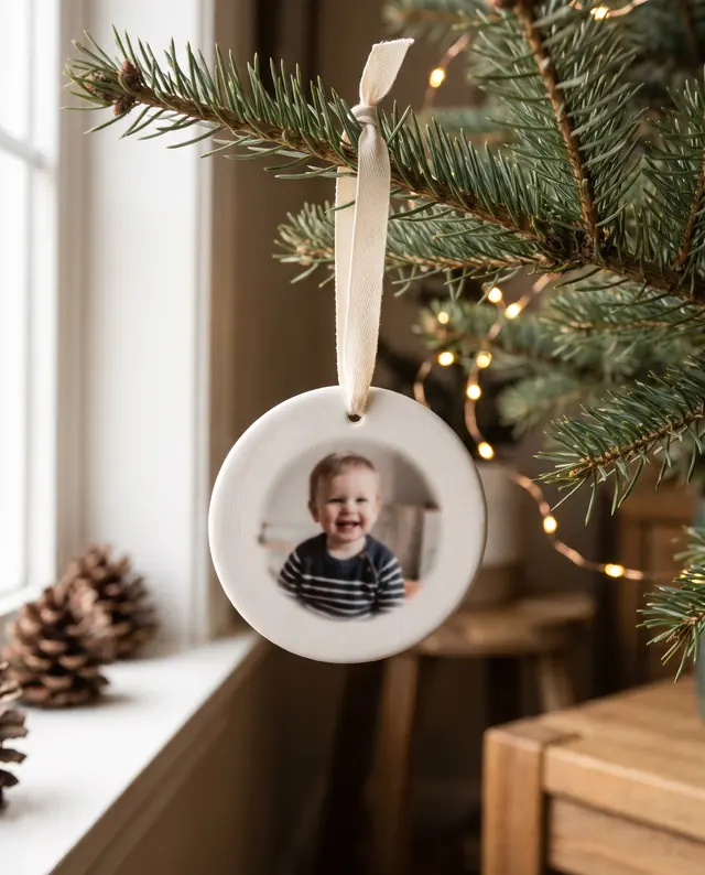 Photo ornament of a toddler on a fir branch