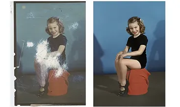 Before and after restoration of a vintage color portrait of a young girl, with flaking and white damage spots repaired