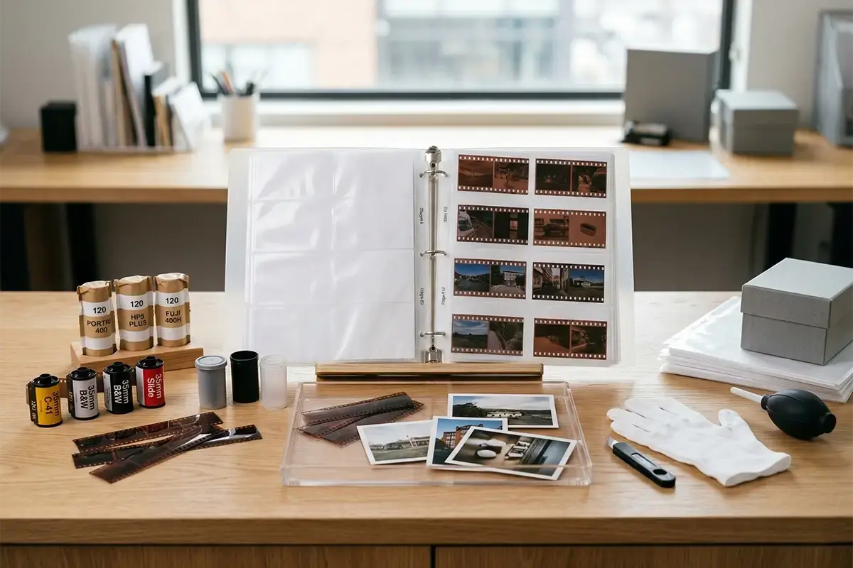 Film developing counter with 35mm film canisters, negatives, archival sleeves, and a clean professional lab workspace