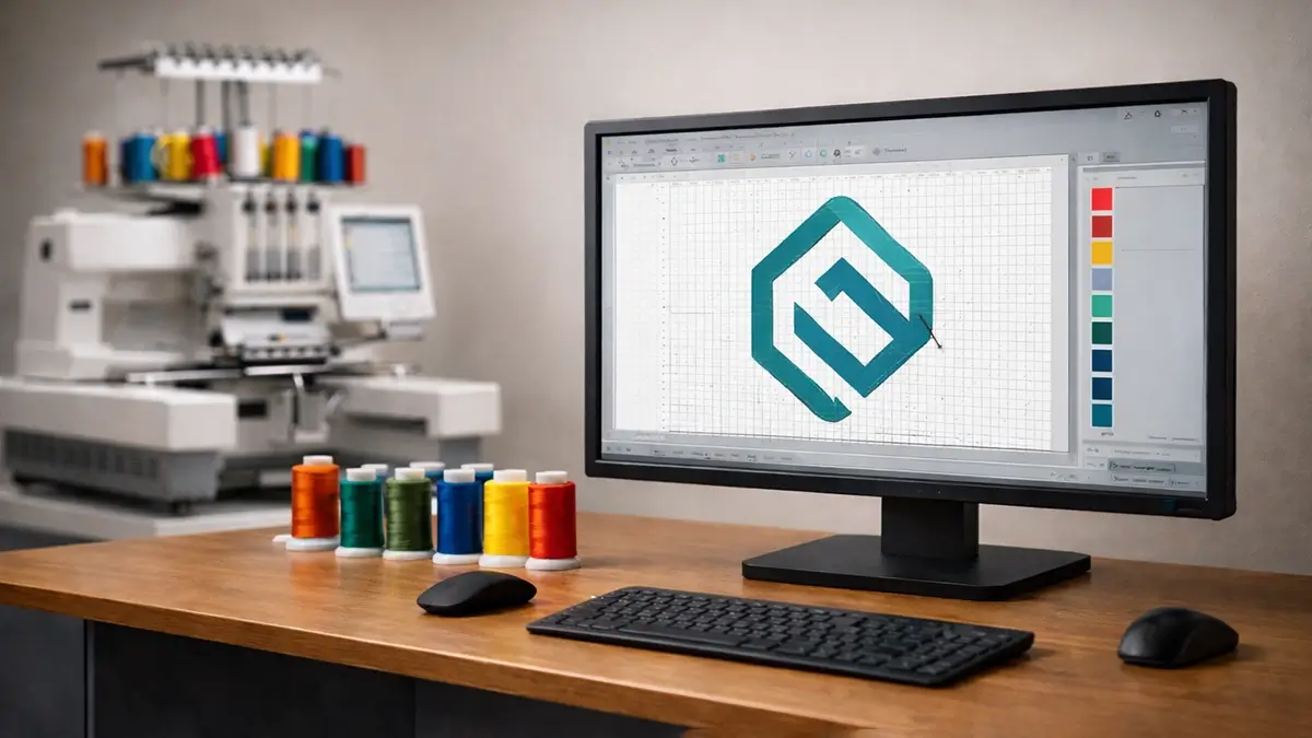 Embroidery digitizing workstation with a logo on screen and colorful thread cones, showing how artwork is prepared for stitching