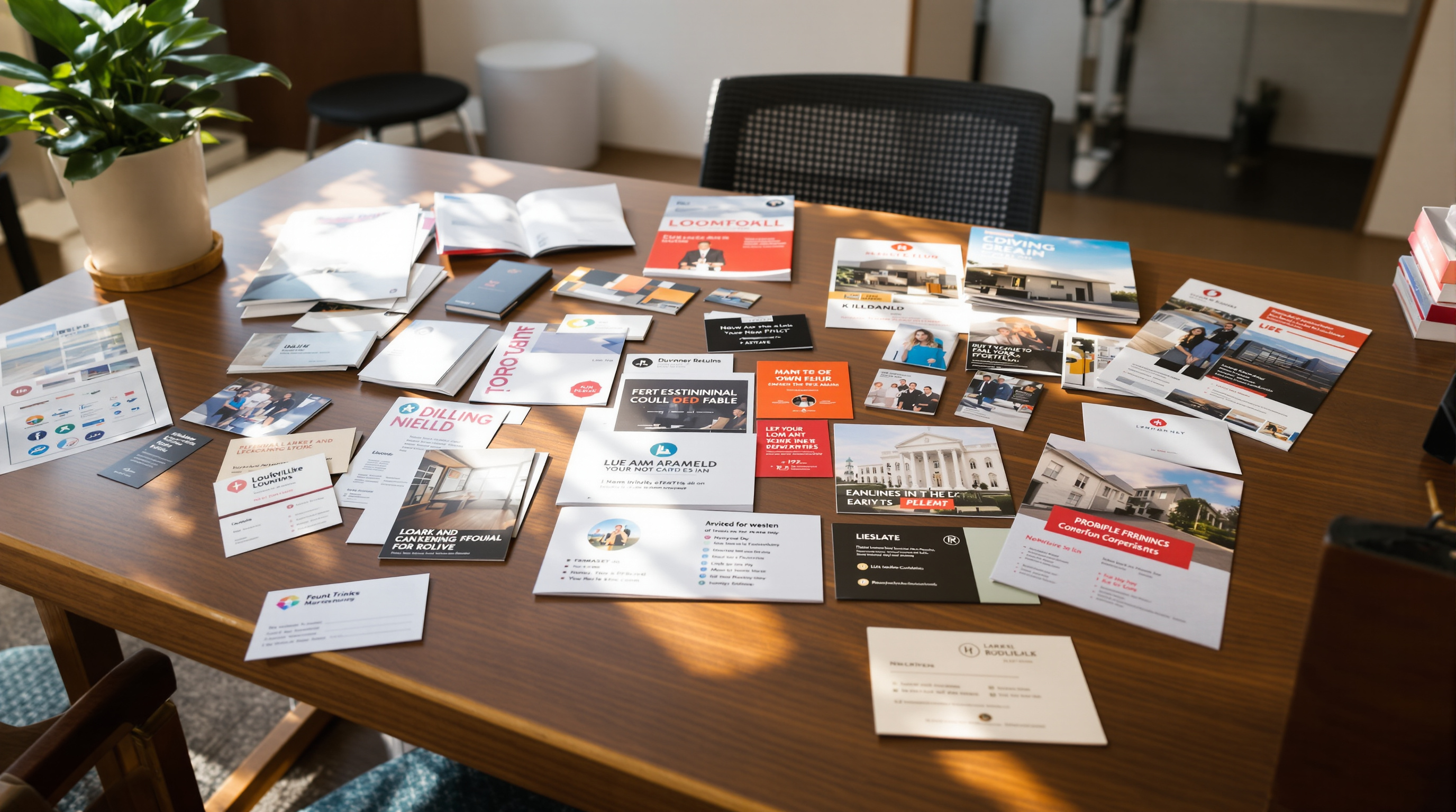 A well-lit, professional flat lay photograph of a variety of print marketing materials — business cards, brochures, flyers, and postcards — spread across a wooden desk in a modern small business office in Louisville, Kentucky, with warm natural light and a