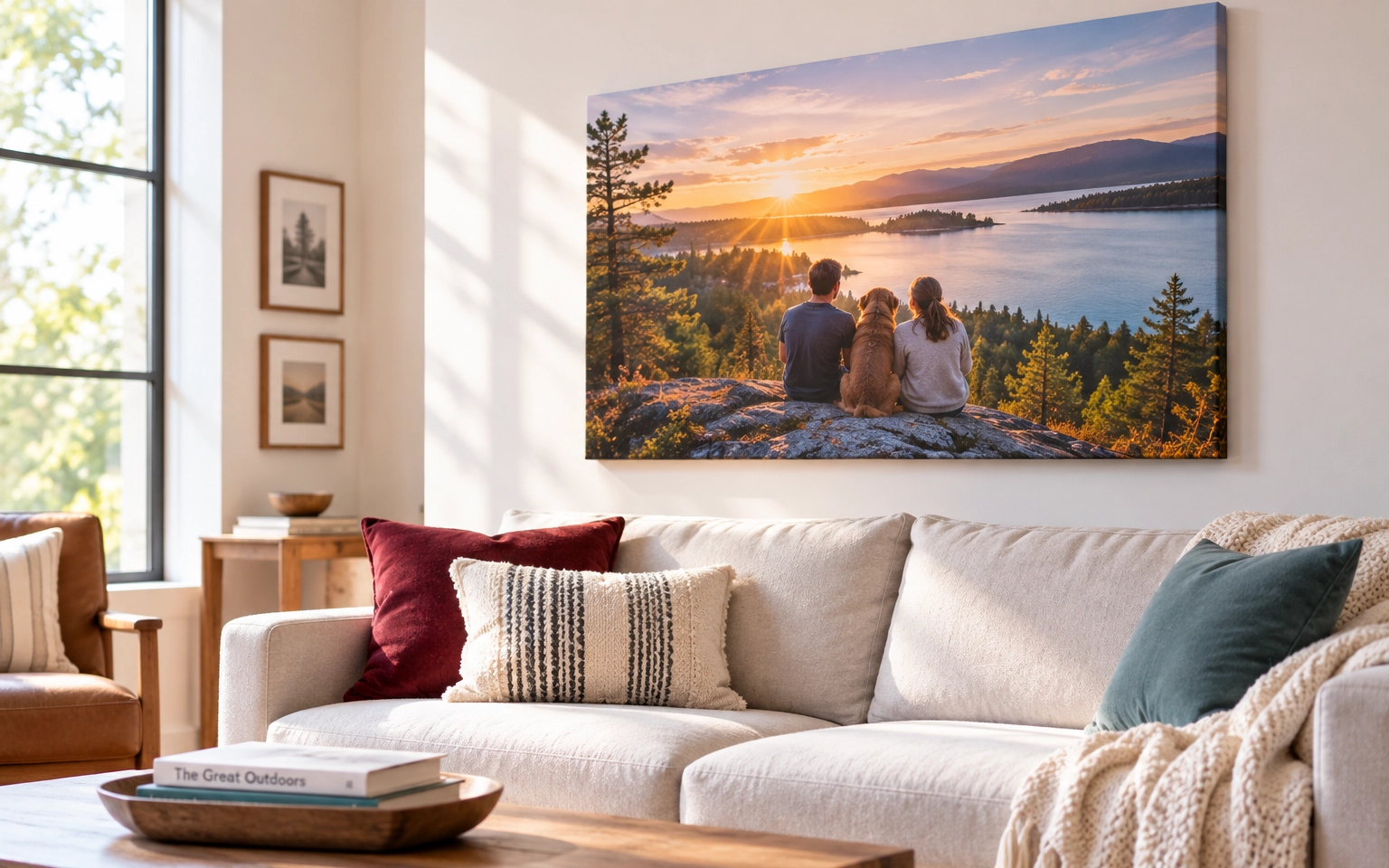 Large photographic canvas print displayed above a sofa in a bright modern living room