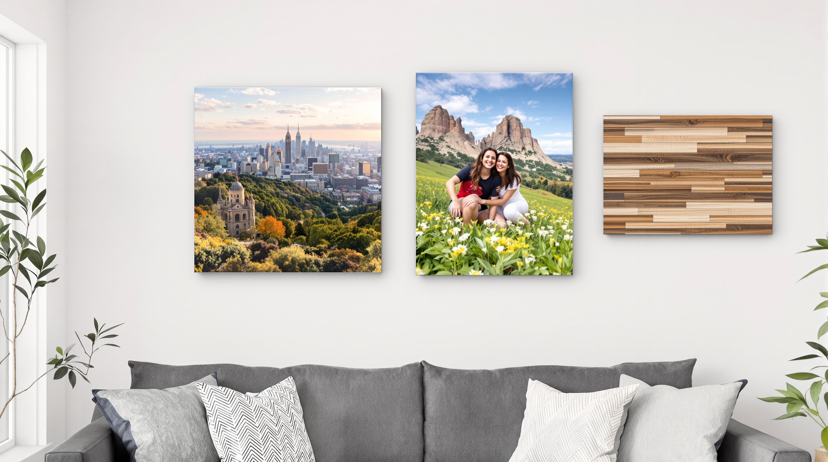 A beautifully arranged gallery wall in a modern Louisville home interior featuring four different photo print formats side by side — a stretched canvas print, a sleek metal photo print, a vibrant acrylic photo print, and a rustic wood photo print — all dis