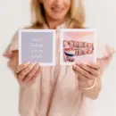 Lady holding two Dutch & Deckle cards, start before you're ready quote and image of boat in water. 