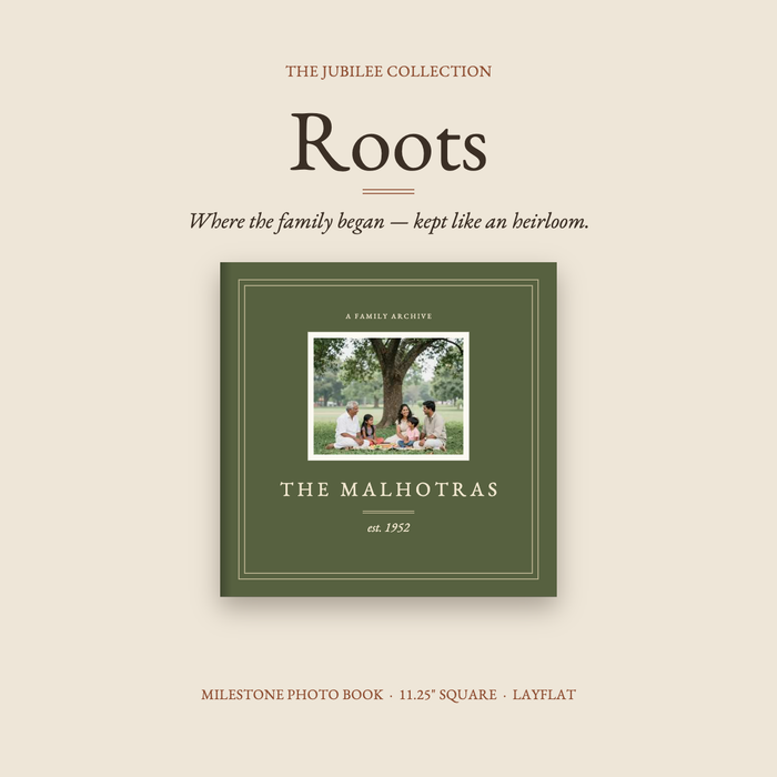 Roots family archive photo book by Nostalo, with an olive cover and a framed family photograph