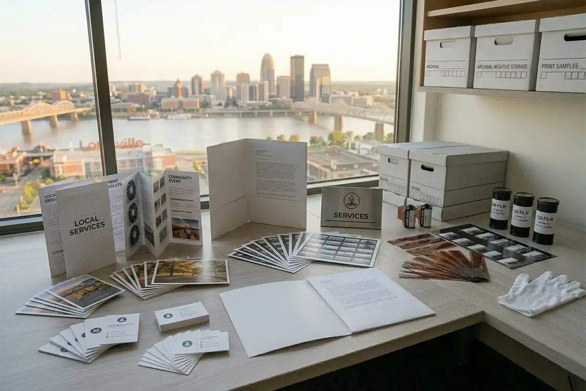 Business printing package with brochures, postcards, business cards, presentation folders, rack cards, event handouts, and signage samples