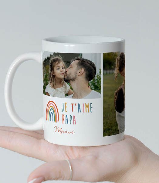 Mug personnalisé papa avec 3 photos design Little Rainbow, tasse cadeau fête des pères avec photos et message je t’aime papa
