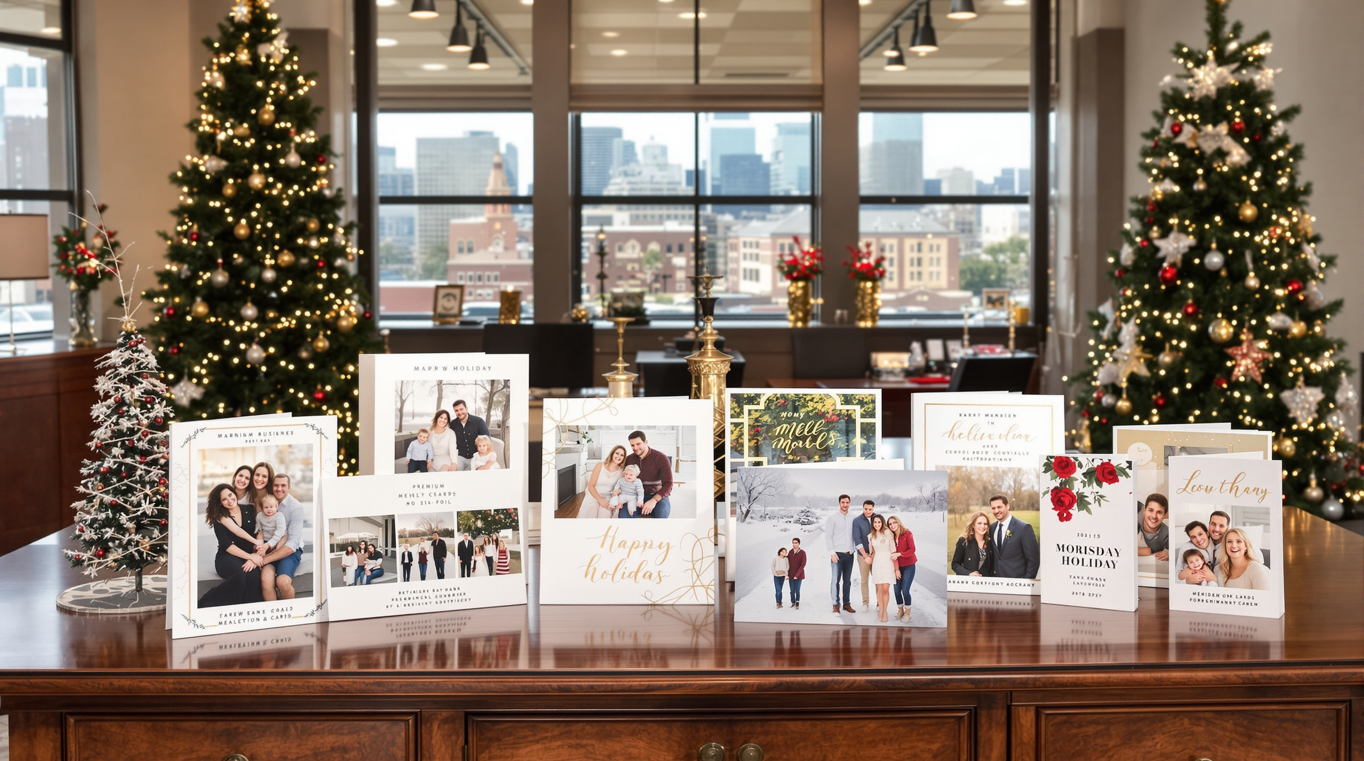 Professional photo of elegant custom holiday cards displayed in a Louisville print shop, featuring both family photo cards and premium business holiday cards with gold foil accents, arranged on rich wooden counter with festive decorations and Louisville sk