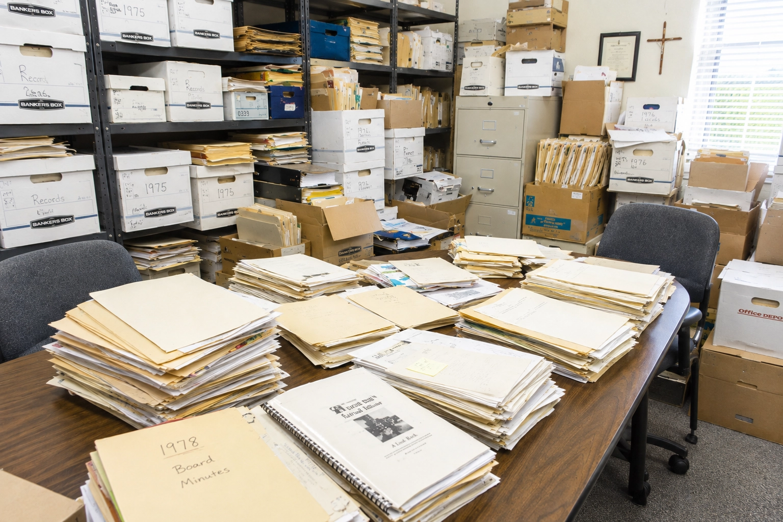Large corporate archive of files, folders and historical records awaiting professional organization and digitization