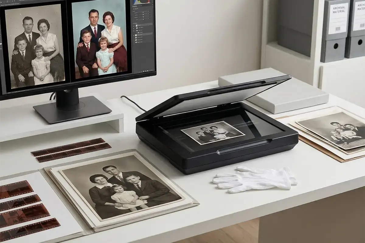 Old photographs film strips and a monitor displaying a restored image in a clean archival workspace
