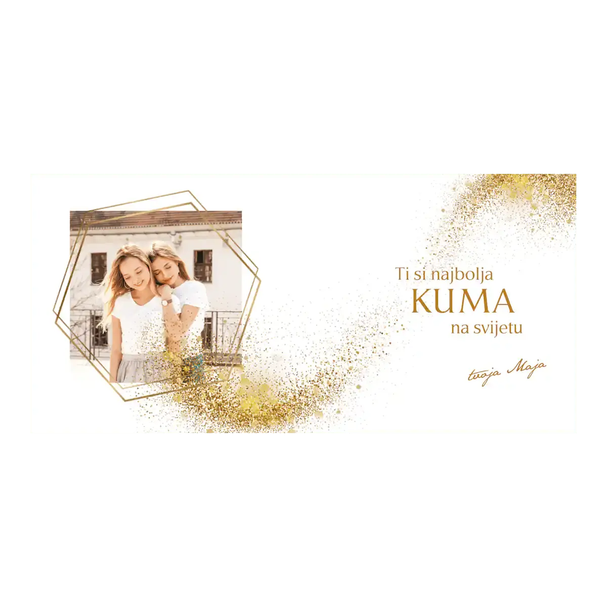 Elegantna šalica za kumu s fotografijom i zlatnim detaljima – poseban poklon koji govori više od riječi.