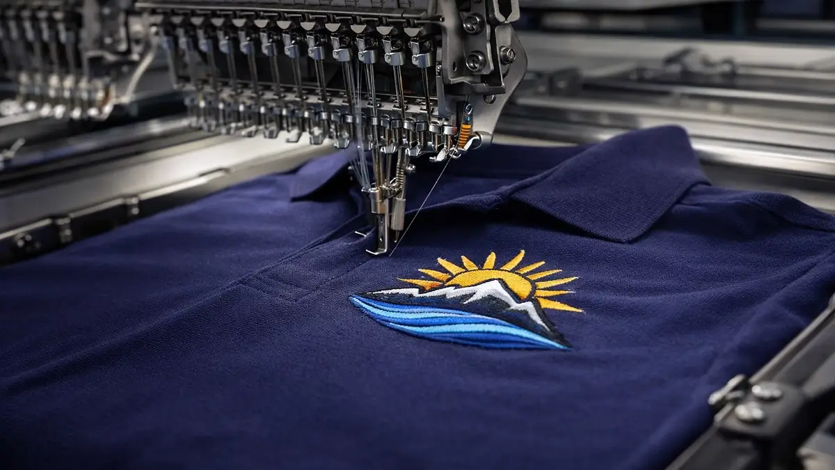 Embroidery machine stitching a clean logo on a polo shirt, showing professional thread detail and production quality