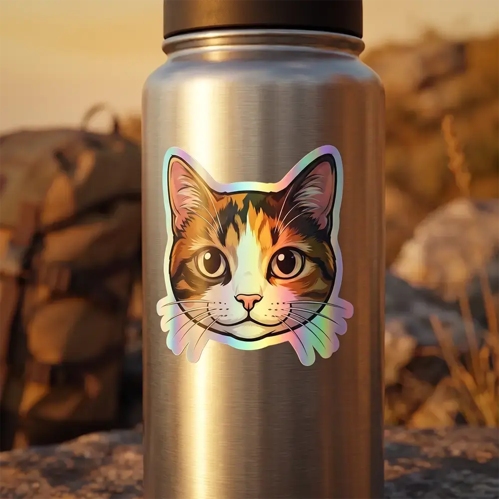 die cut holographic sticker on a metal water bottle